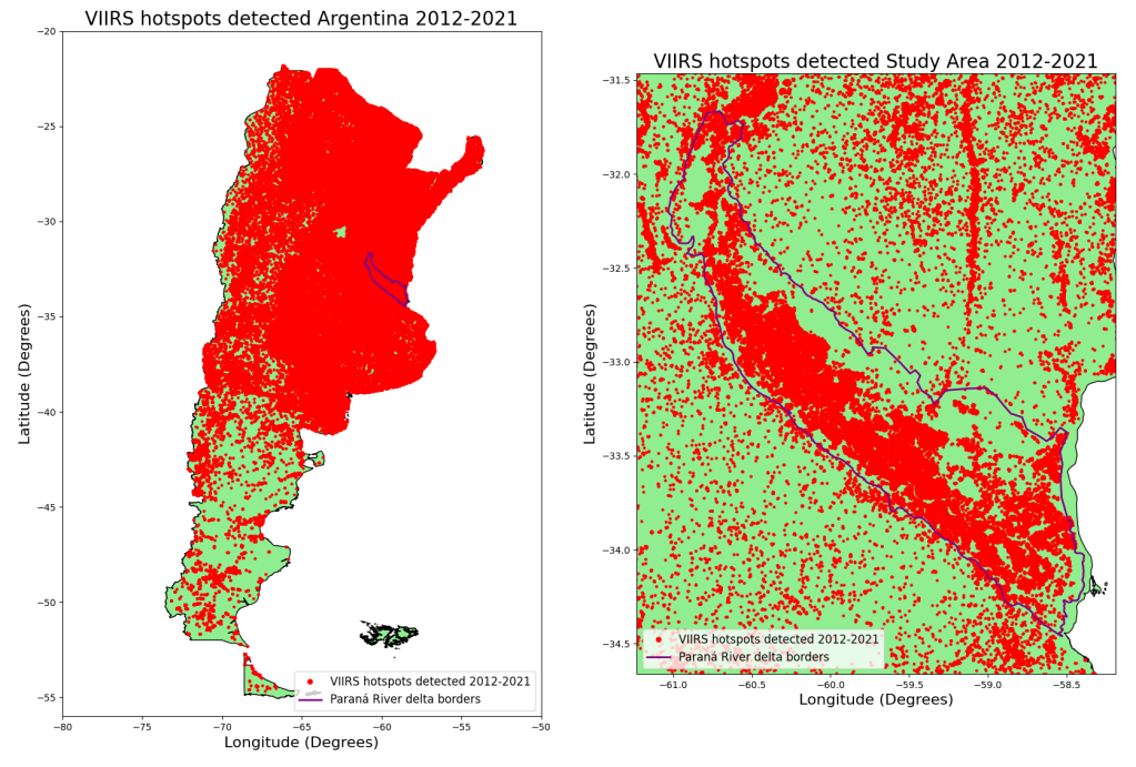 Plot showing fires detected by VIIRS sensor for period 2012-2012 across the entire Argentina territory (Left) and Paraná River delta and its vicinity (Right)